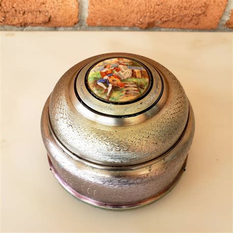 vintage metal and bead powder puff music box|musical powder box local store.